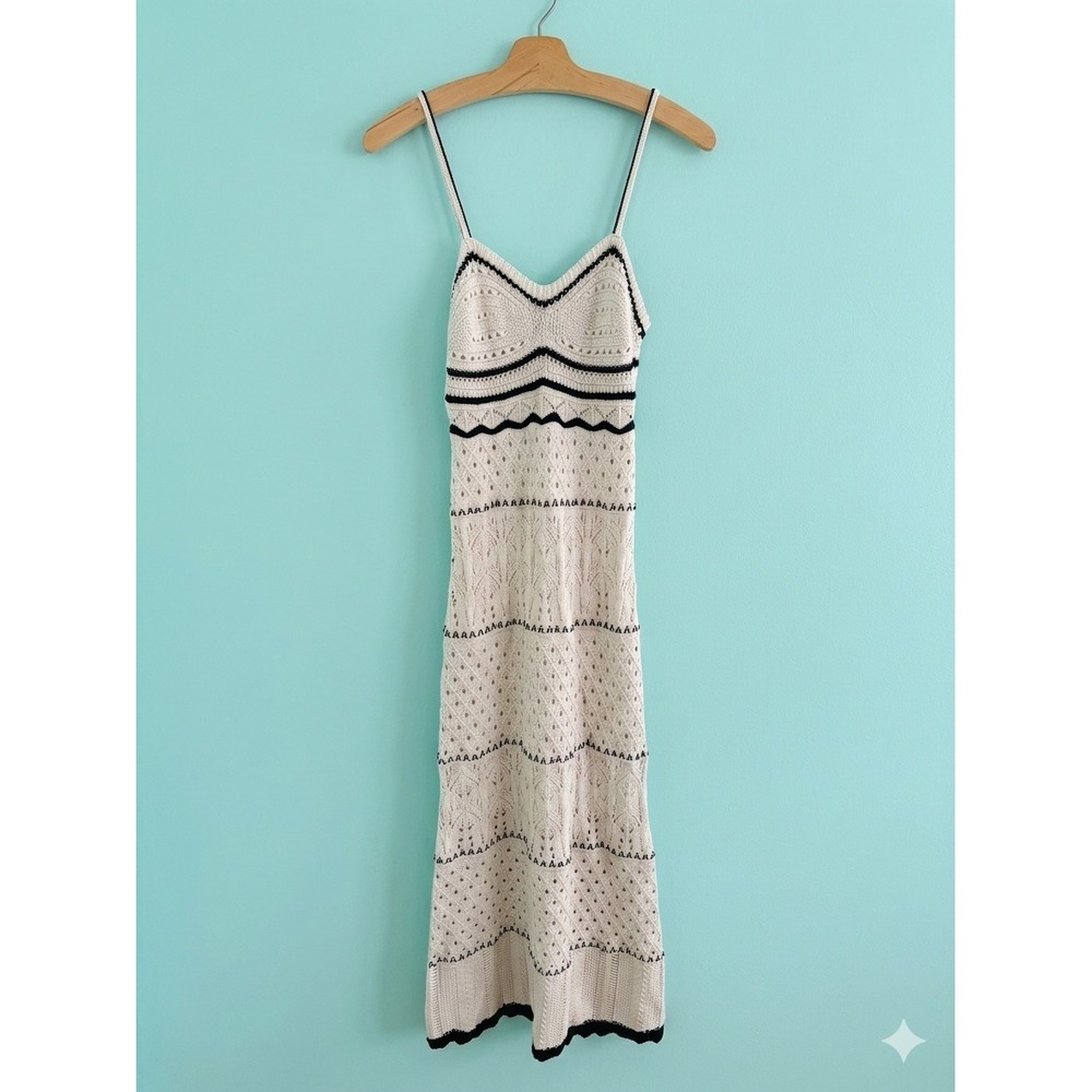 White Crochet Knit Boho Midi Dress Small Strappy Resort Open Cotton Summer